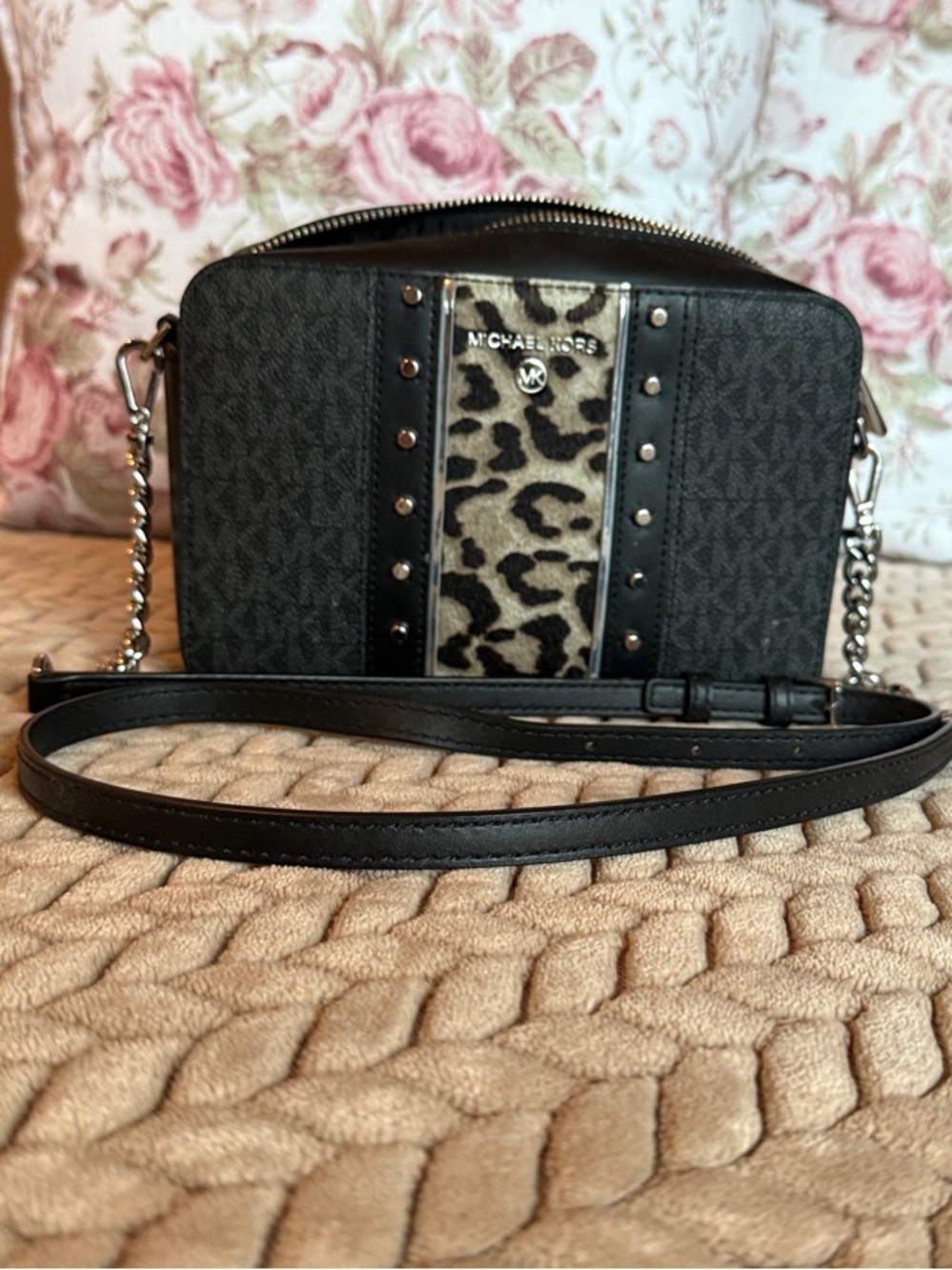 Michael Kors Black Crossbody with Leopard Accent